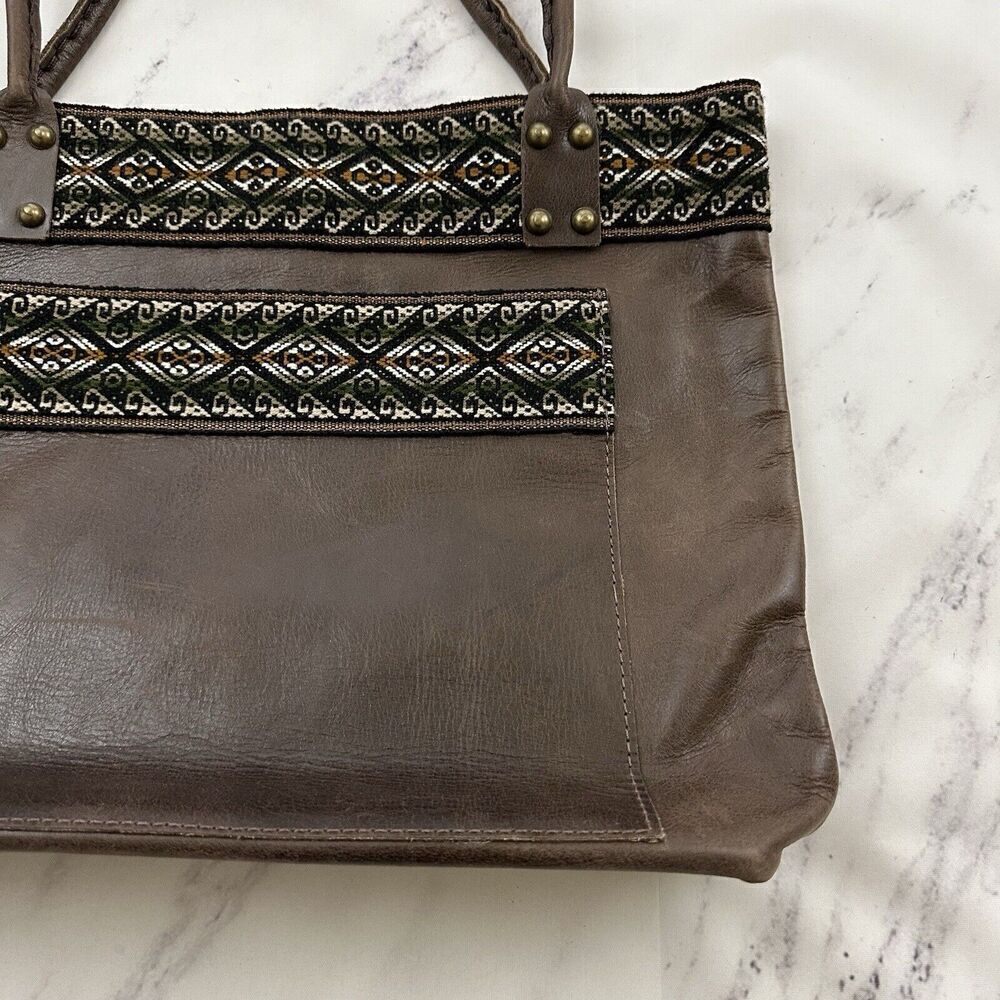 Unbranded Leather Tote Shoulder Bag Purse Dark Brown Woven Boho Trim Large - Picture 4 of 12